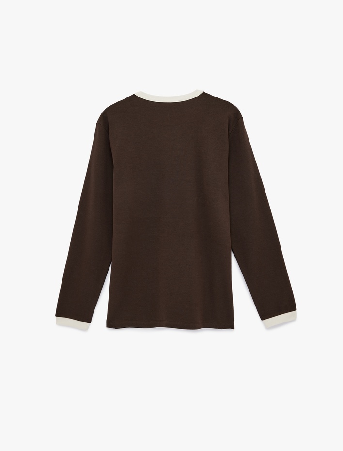  Regular Fit Ribanalı Renk Kontrastlı Pamuklu Bisiklet Yaka Uzun Kollu Tişört