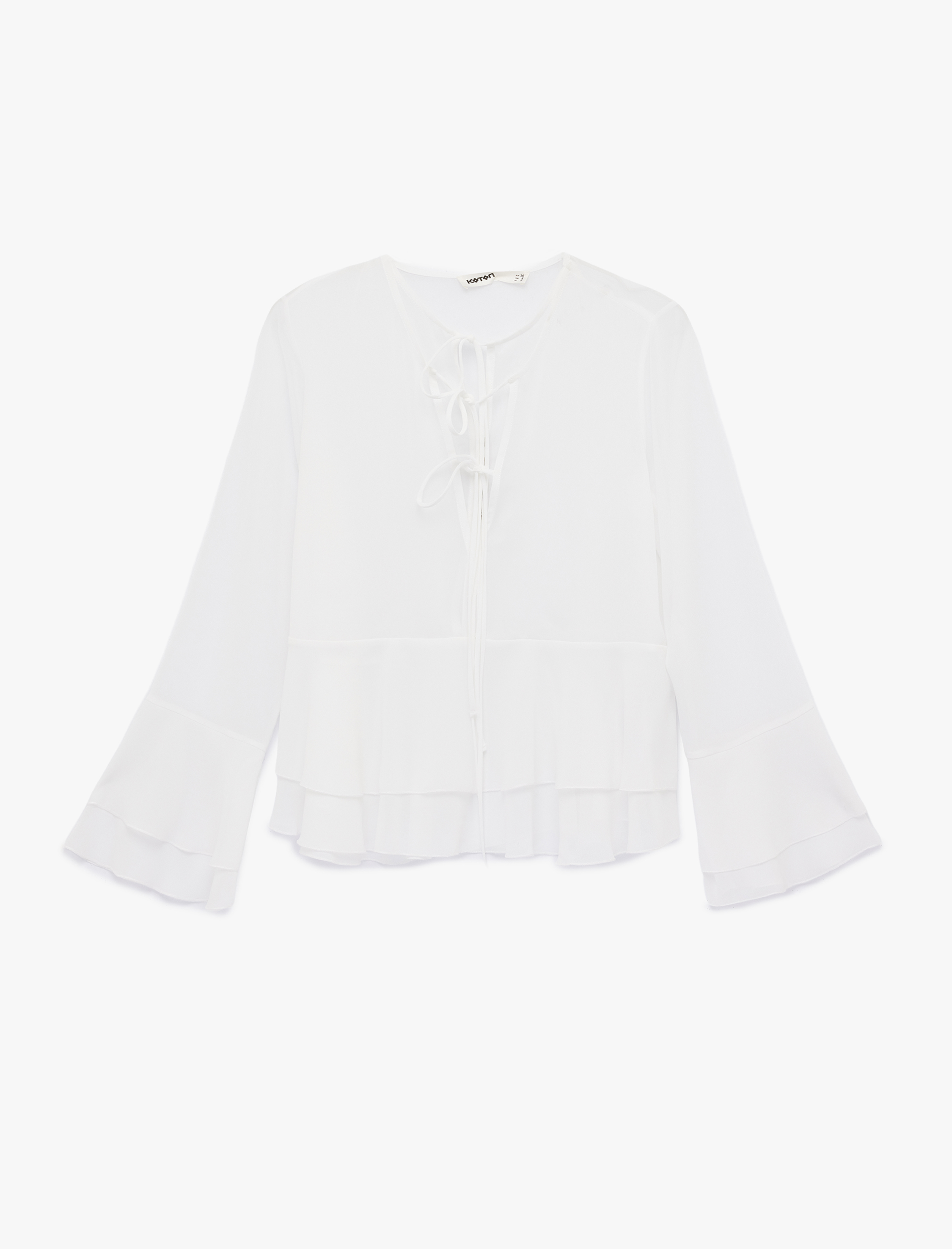   Uzun İspanyol Kollu Bağcıklı Yaka Fırfırlı Bluz