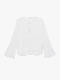 Uzun İspanyol Kollu Bağcıklı Yaka Fırfırlı Bluz