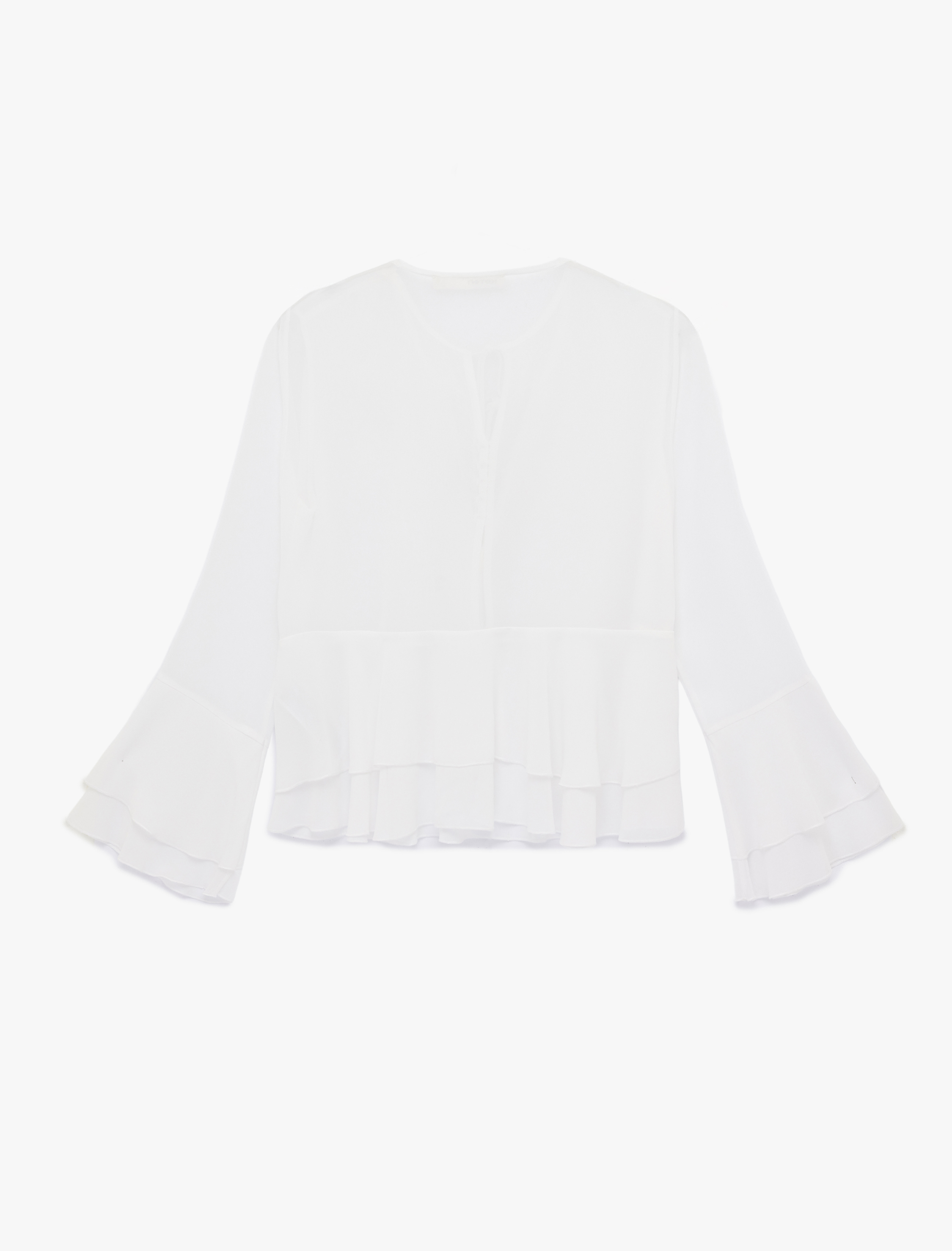   Uzun İspanyol Kollu Bağcıklı Yaka Fırfırlı Bluz