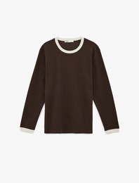 Regular Fit Ribanalı Renk Kontrastlı Pamuklu Bisiklet Yaka Uzun Kollu Tişört