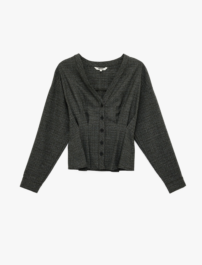  Pens Detaylı Uzun Kollu V Yaka Düğmeli Ekose Gömlek