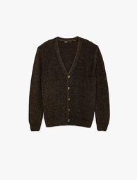 Uzun Kollu Koyun Yünü Karışımlı Düğmeli V Yaka Triko Hırka