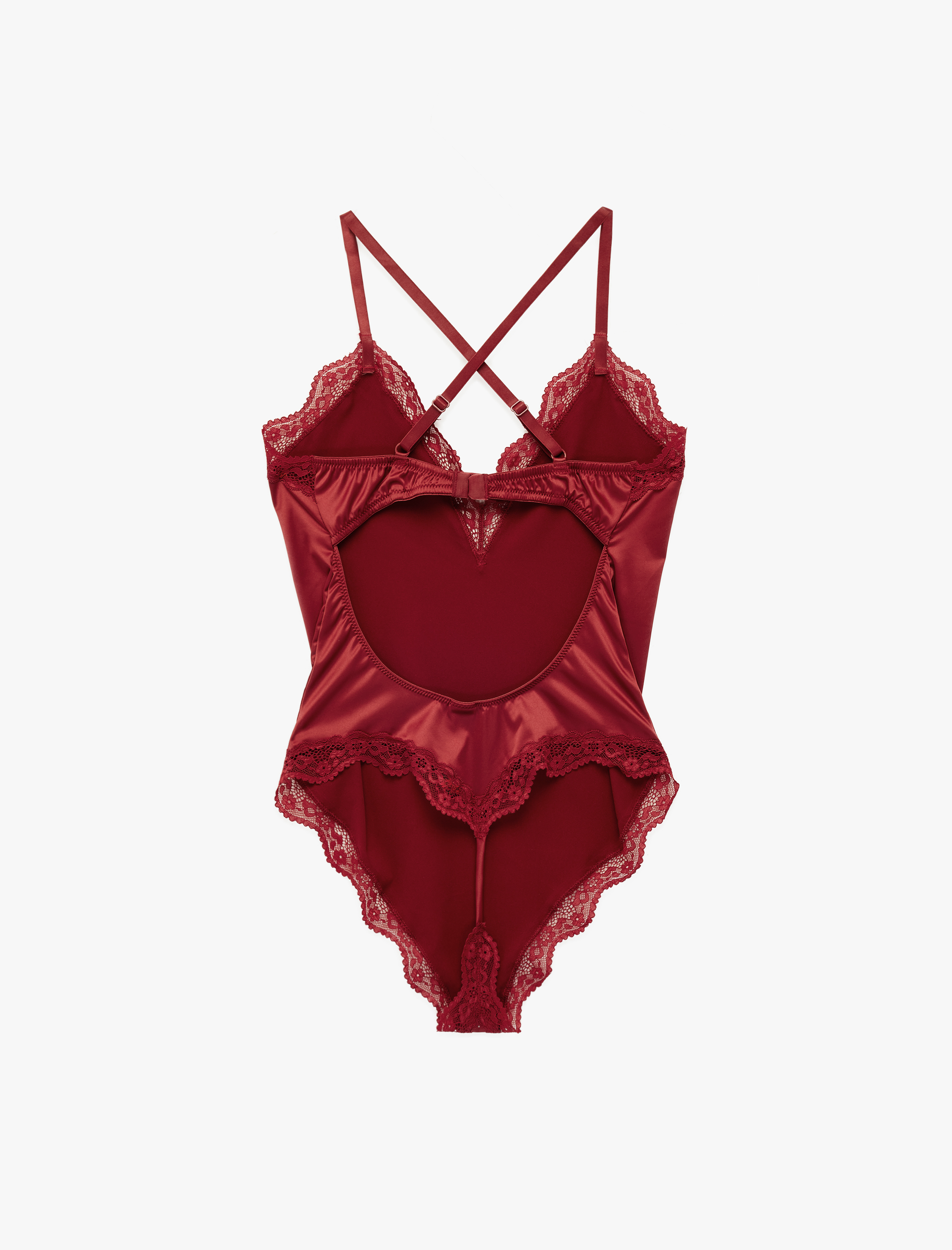   V Yaka Askılı Dantel Detaylı Saten Bodysuit