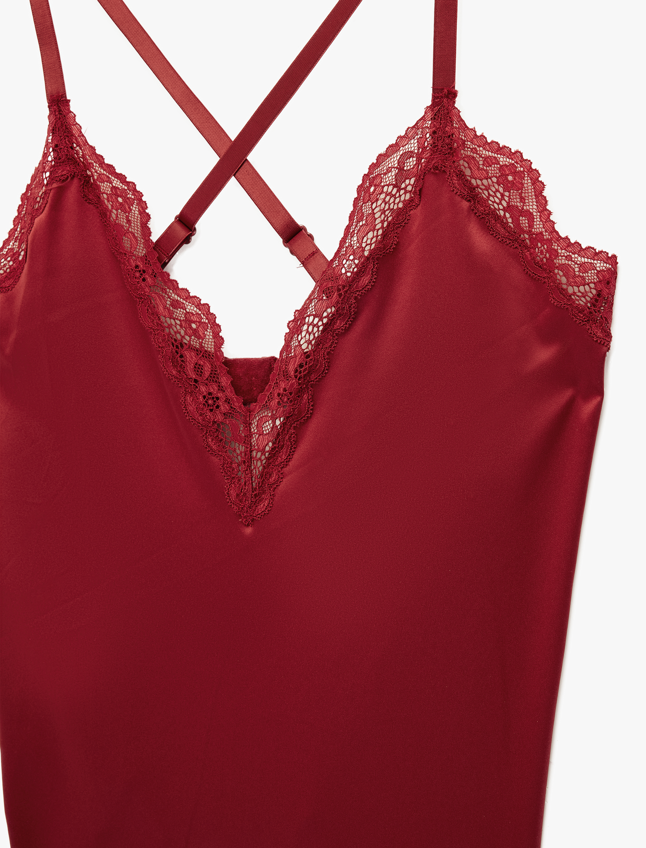   V Yaka Askılı Dantel Detaylı Saten Bodysuit