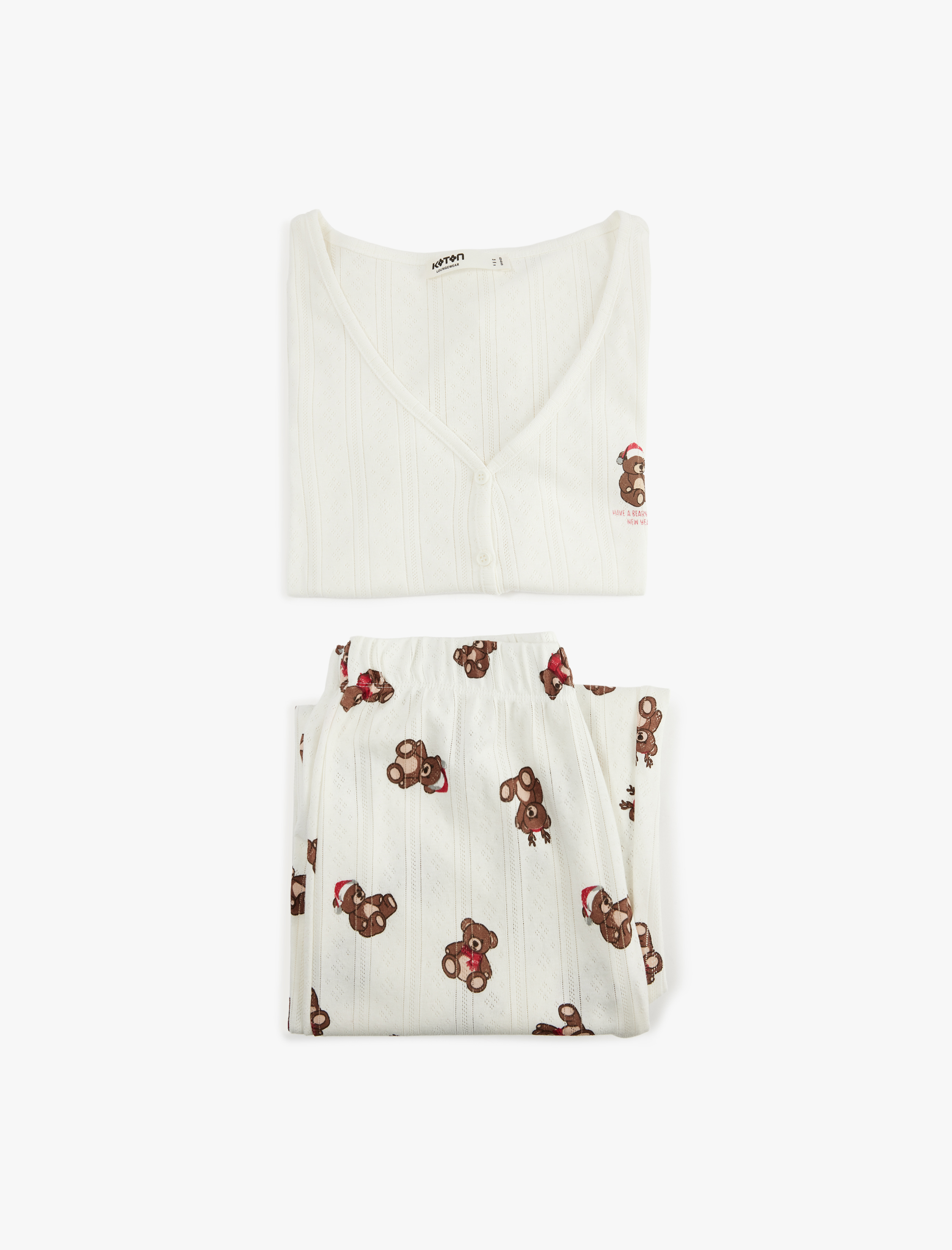   Kısa Kollu V Yaka Ayıcık Baskılı Pamuklu Yılbaşı Pijama Takımı