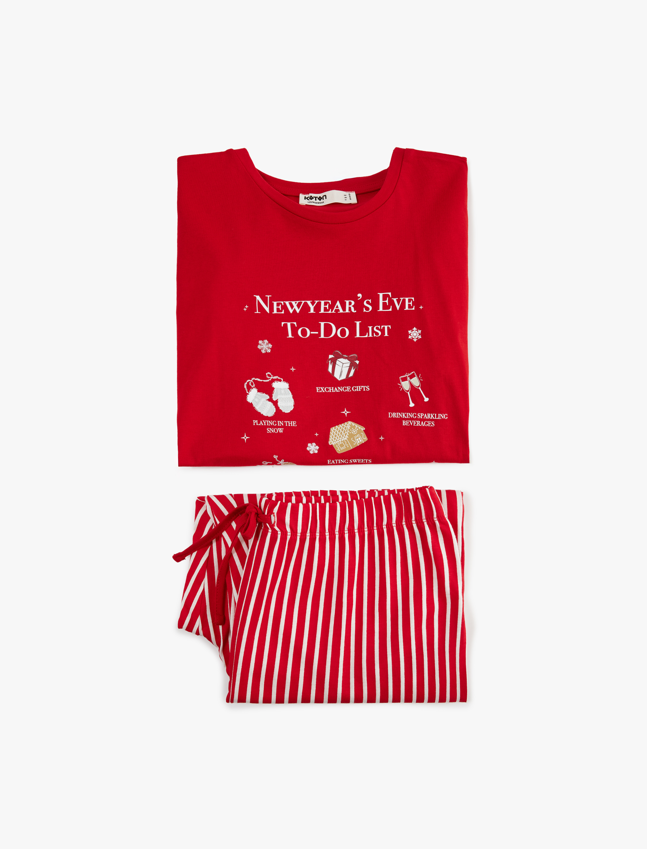   Uzun Kollu Bisiklet Yaka Pamuklu Baskılı Yılbaşı Pijama Takımı