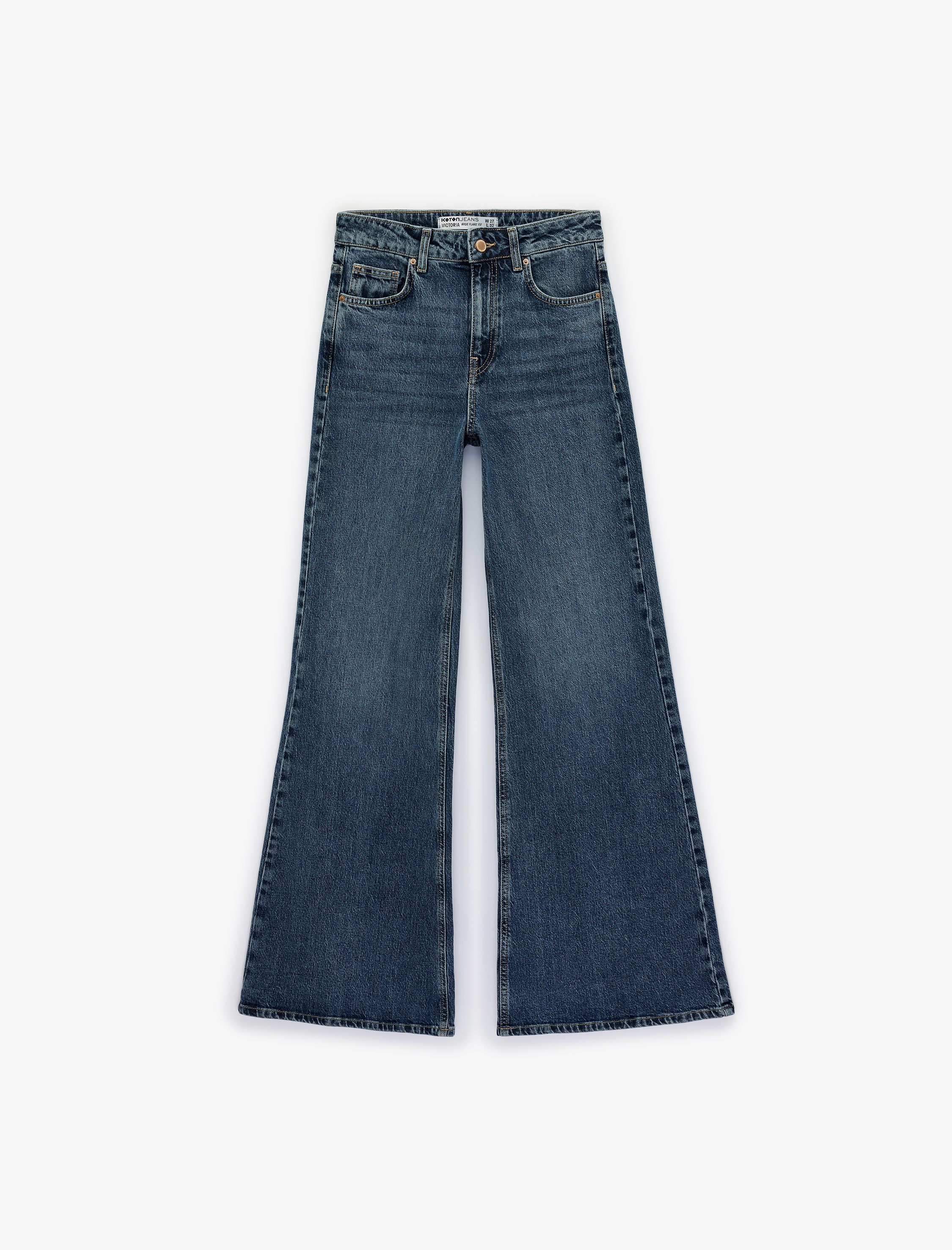   Düğmeli Cepli Normal Bel Pamuklu Rahat Kalıp İspanyol Paça Denim Pantolon