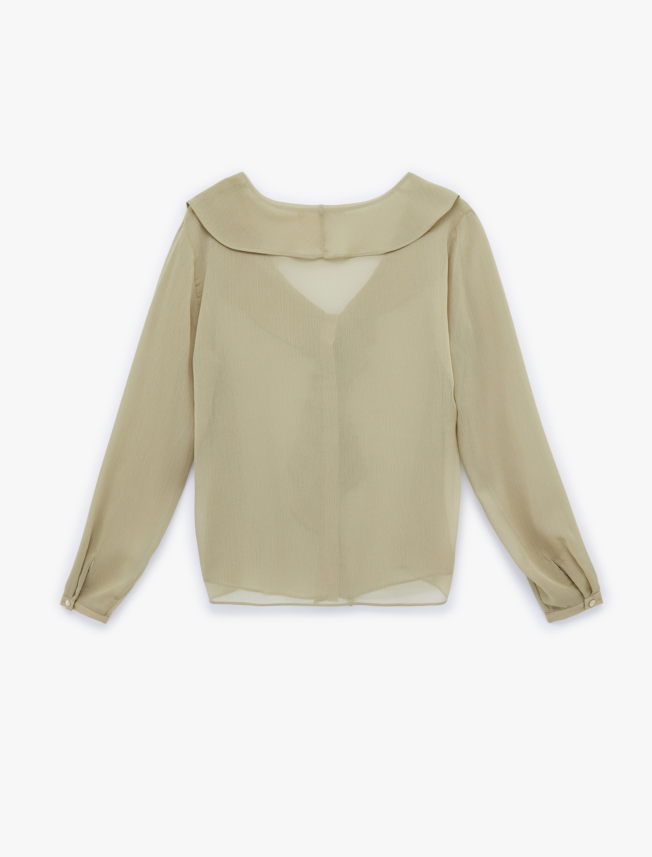   Uzun Kollu V Yaka Fırfırlı Yaka Düğmeli Volanlı Şifon Gömlek