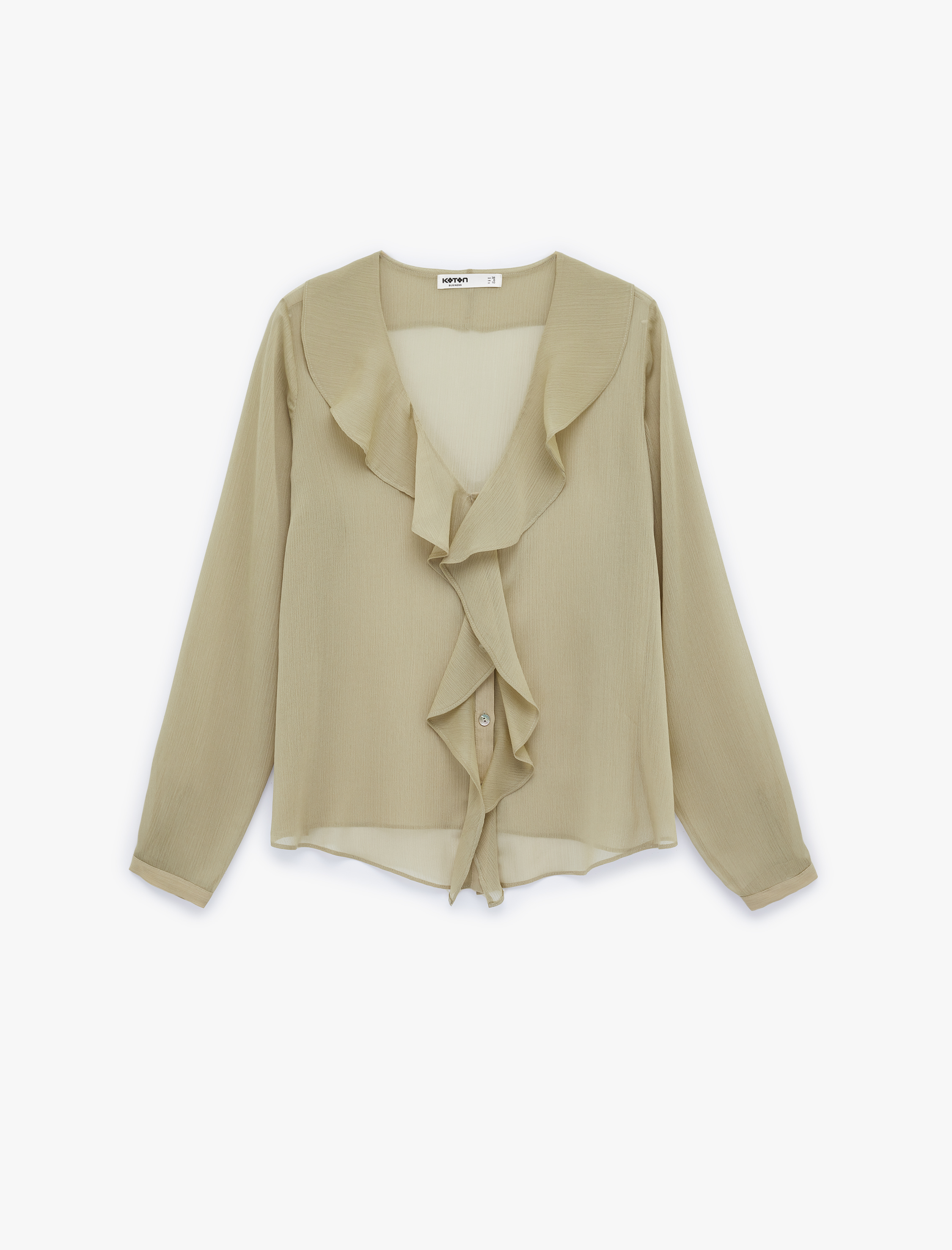   Uzun Kollu V Yaka Fırfırlı Yaka Düğmeli Volanlı Şifon Gömlek