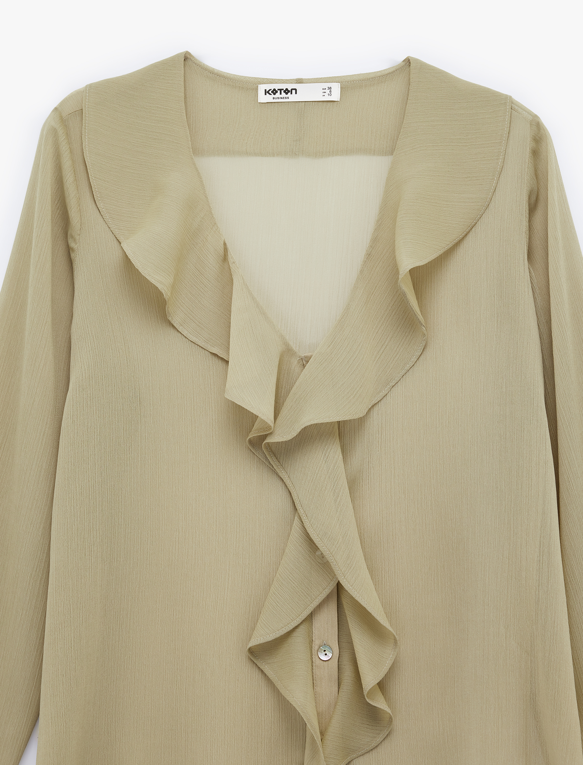   Uzun Kollu V Yaka Fırfırlı Yaka Düğmeli Volanlı Şifon Gömlek