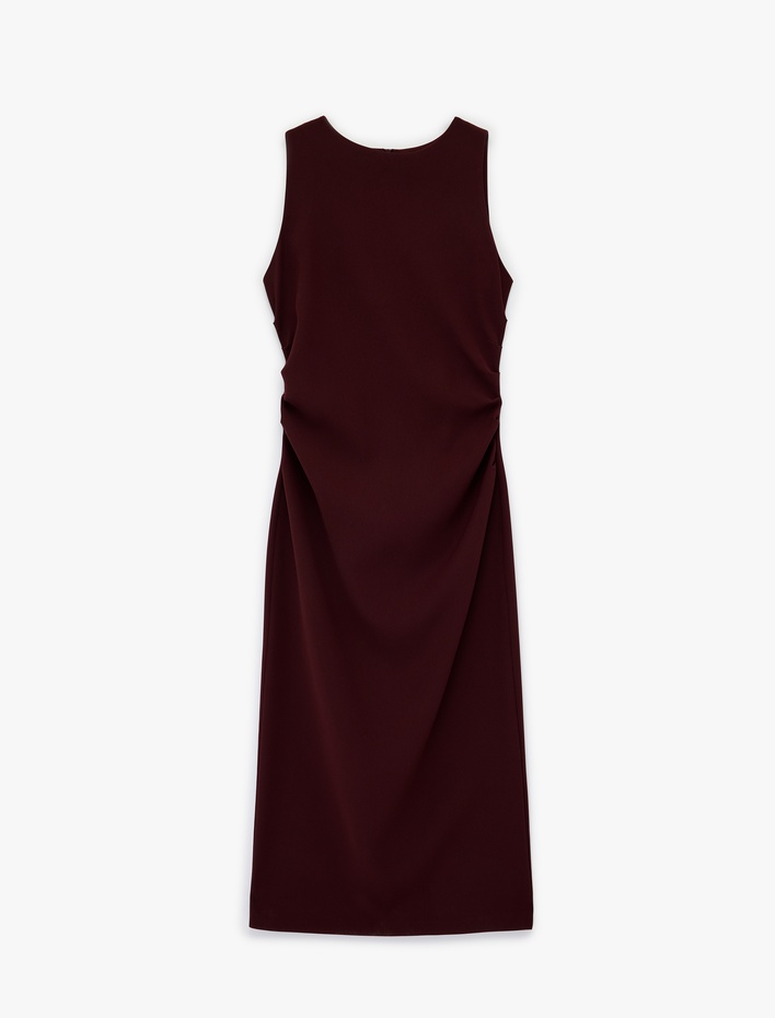  Kolsuz Bisiklet Yaka Krep Kumaş Slim Fit Drape Detaylı Midi Elbise