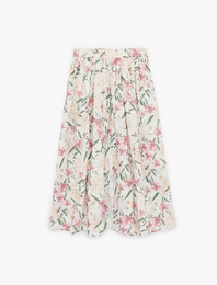 Rahat Kalıp Cepli Çiçekli Pileli Midi Kloş Etek