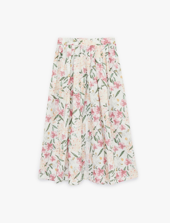  Rahat Kalıp Cepli Çiçekli Pileli Midi Kloş Etek