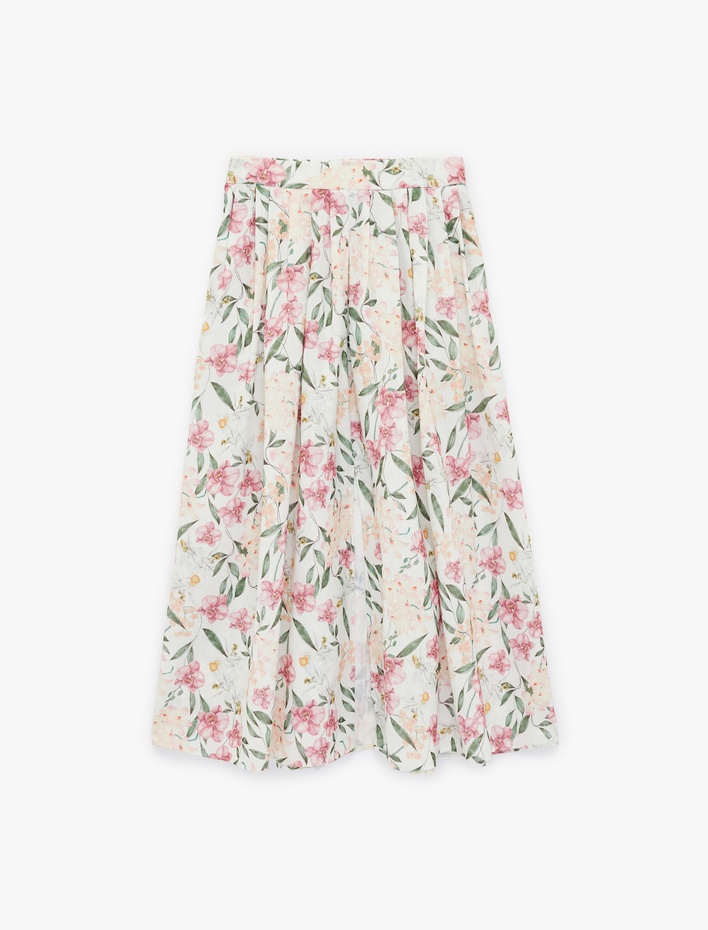  Rahat Kalıp Cepli Çiçekli Pileli Midi Kloş Etek