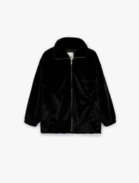 Fermuarlı Cep Detaylı Dik Yaka Beli Lastikli Peluş Ceket