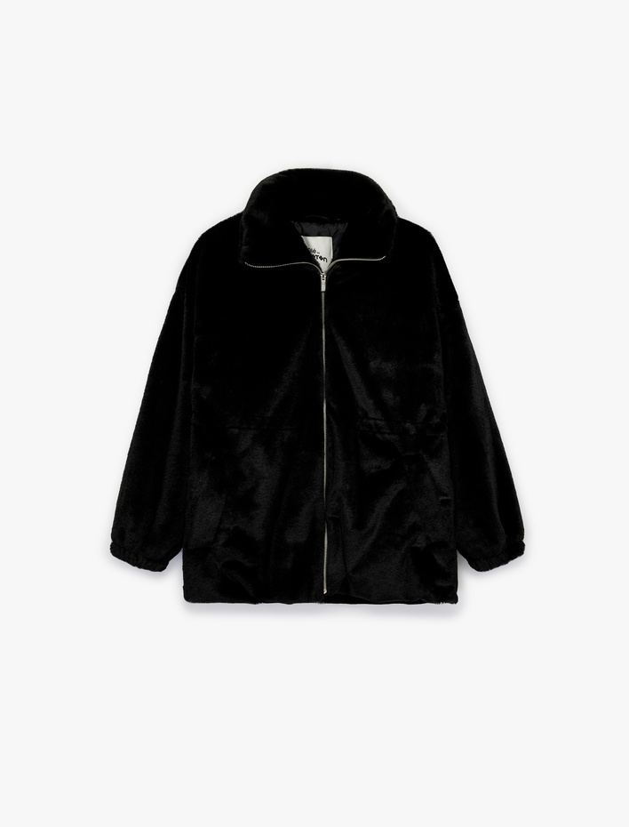  Fermuarlı Cep Detaylı Dik Yaka Beli Lastikli Peluş Ceket