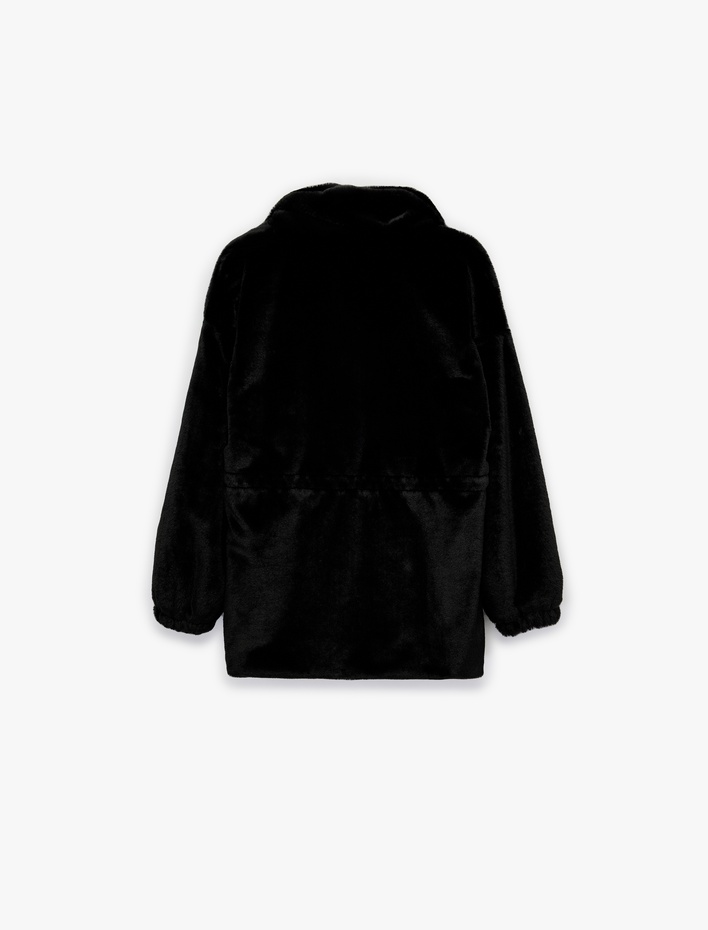  Fermuarlı Cep Detaylı Dik Yaka Beli Lastikli Peluş Ceket