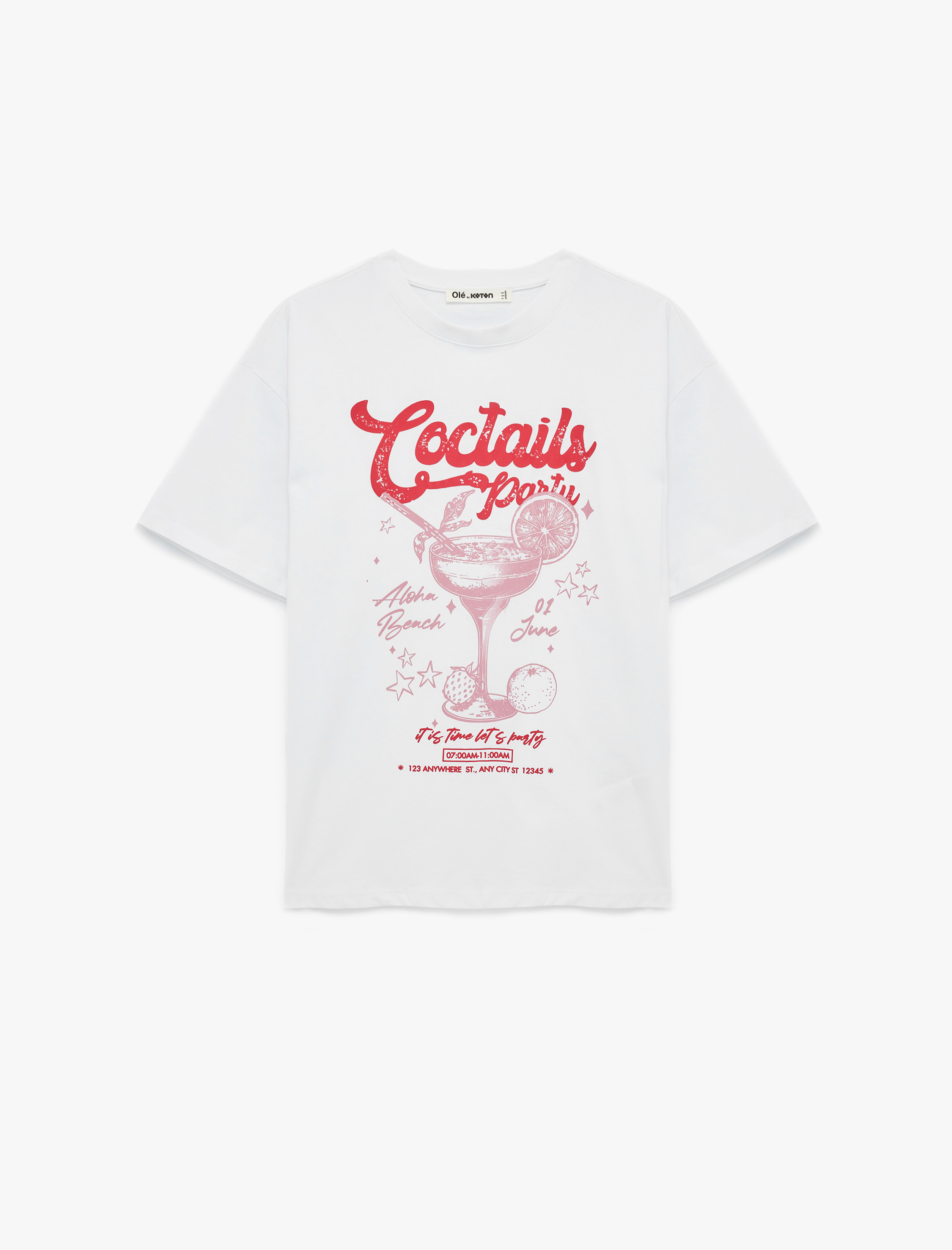   Rahat Kalıp Kısa Kollu Bisiklet Yaka Baskılı Tişört