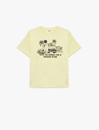 Baskılı Kısa Kollu Bisiklet Yaka Pamuklu Tişört