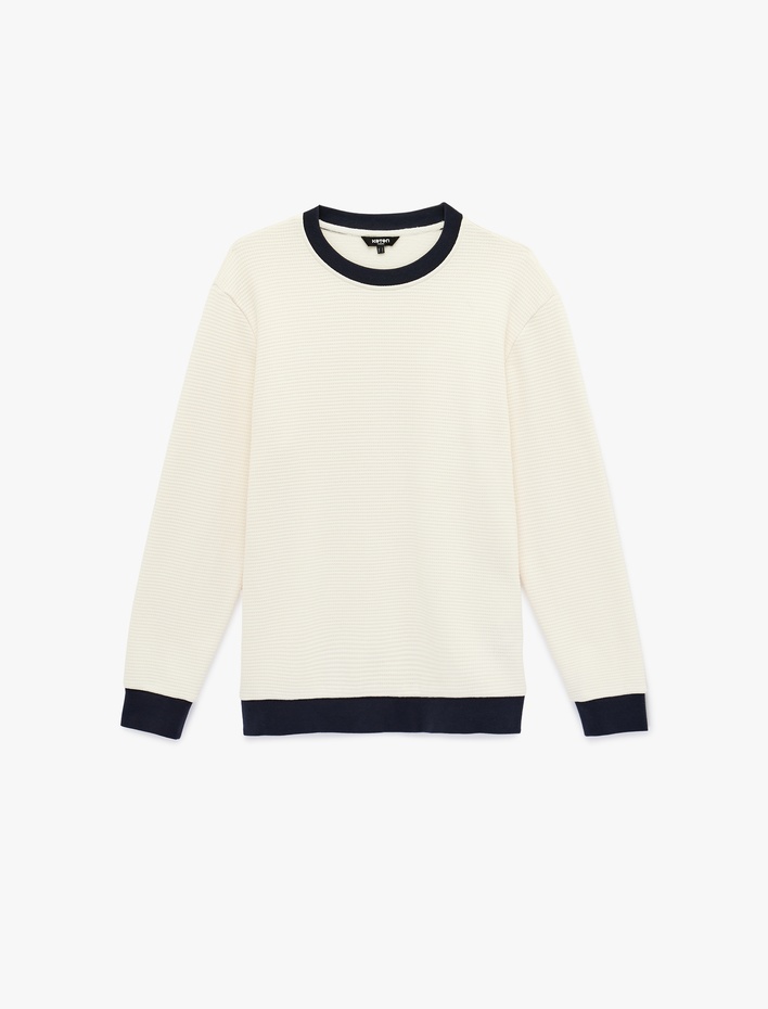  Regular Fit Uzun Kollu Pamuklu Waffle Dokulu Renk Kontrastlı Bisiklet Yaka Sweatshirt