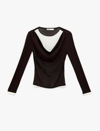 Regular Fit Uzun Kollu Degaje Yaka Renk Kontrastlı Tişört