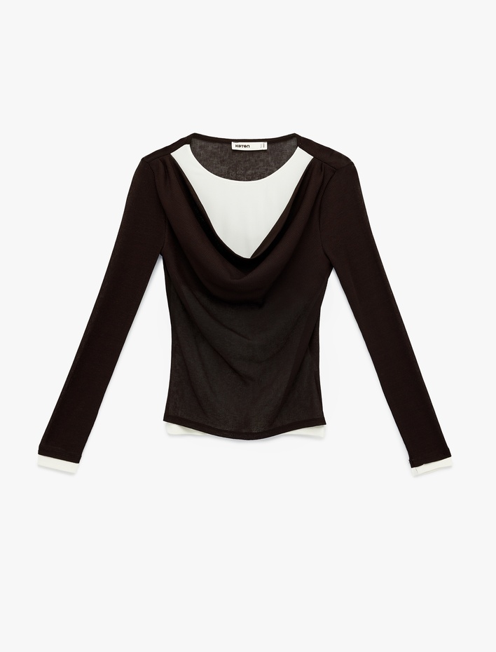  Regular Fit Uzun Kollu Degaje Yaka Renk Kontrastlı Tişört