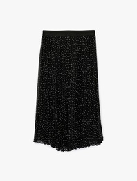 Yüksek Bel Puantiye Desenli Midi Şifon Pileli Etek