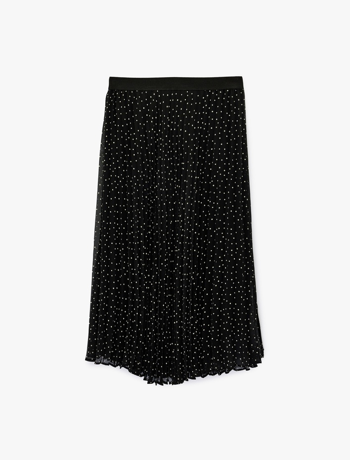  Yüksek Bel Puantiye Desenli Midi Şifon Pileli Etek