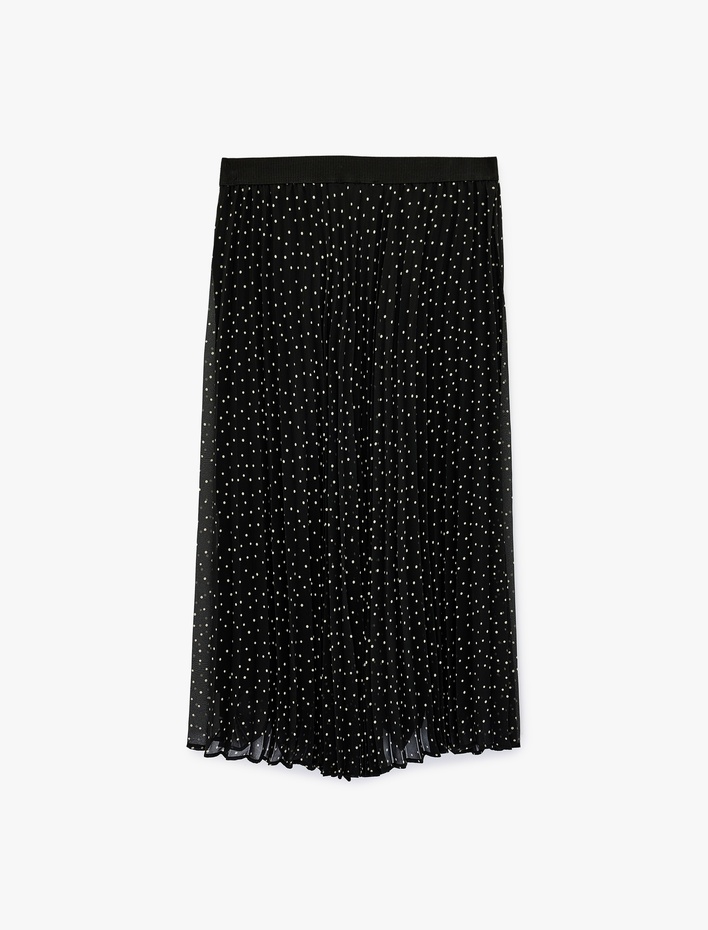  Yüksek Bel Puantiye Desenli Midi Şifon Pileli Etek