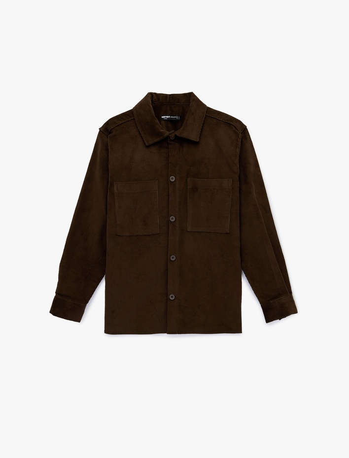  Regular Fit Uzun Kollu Cepli Pamuklu Klasik Yaka Fitilli Kadife Gömlek