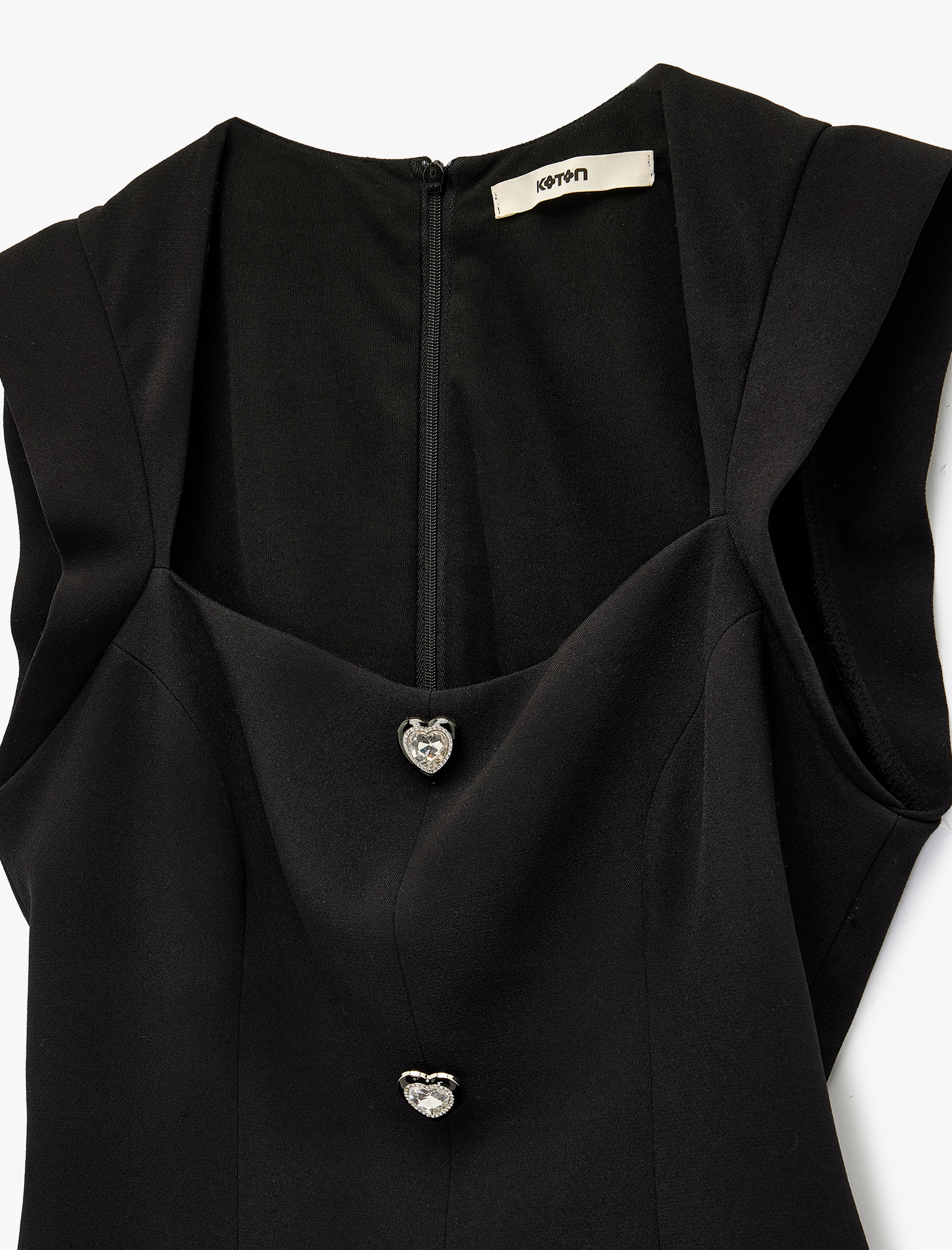   Kalpli Mücevher Düğme Detaylı Kare Yaka Kolsuz A Kesim Mini Elbise