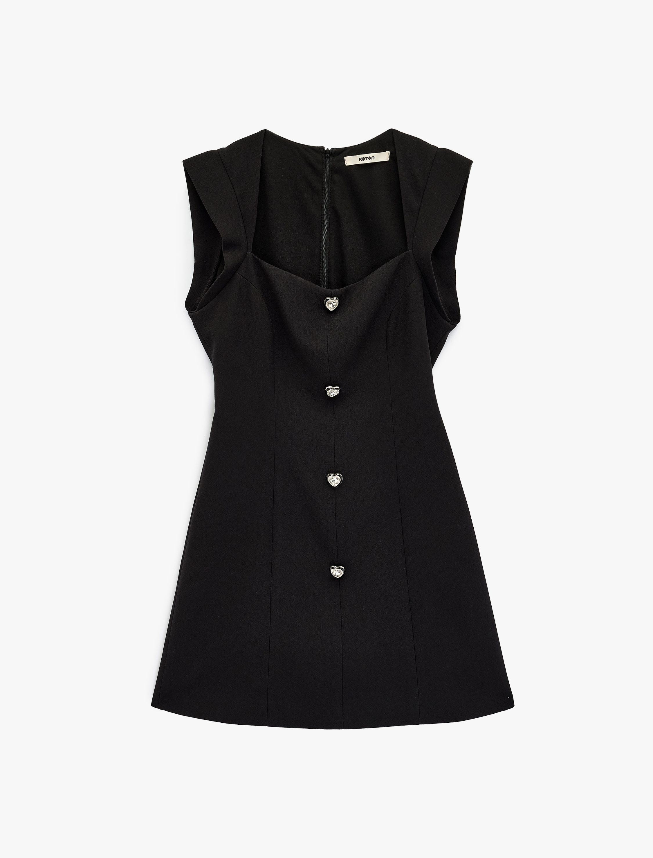   Kalpli Mücevher Düğme Detaylı Kare Yaka Kolsuz A Kesim Mini Elbise