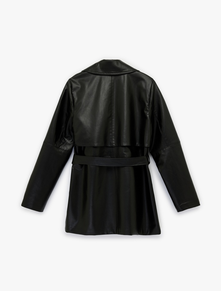  Cepli Kemer Detaylı Uzun Kollu Suni Deri Trençkot