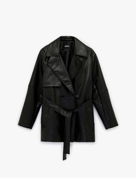 Cepli Kemer Detaylı Uzun Kollu Suni Deri Trençkot