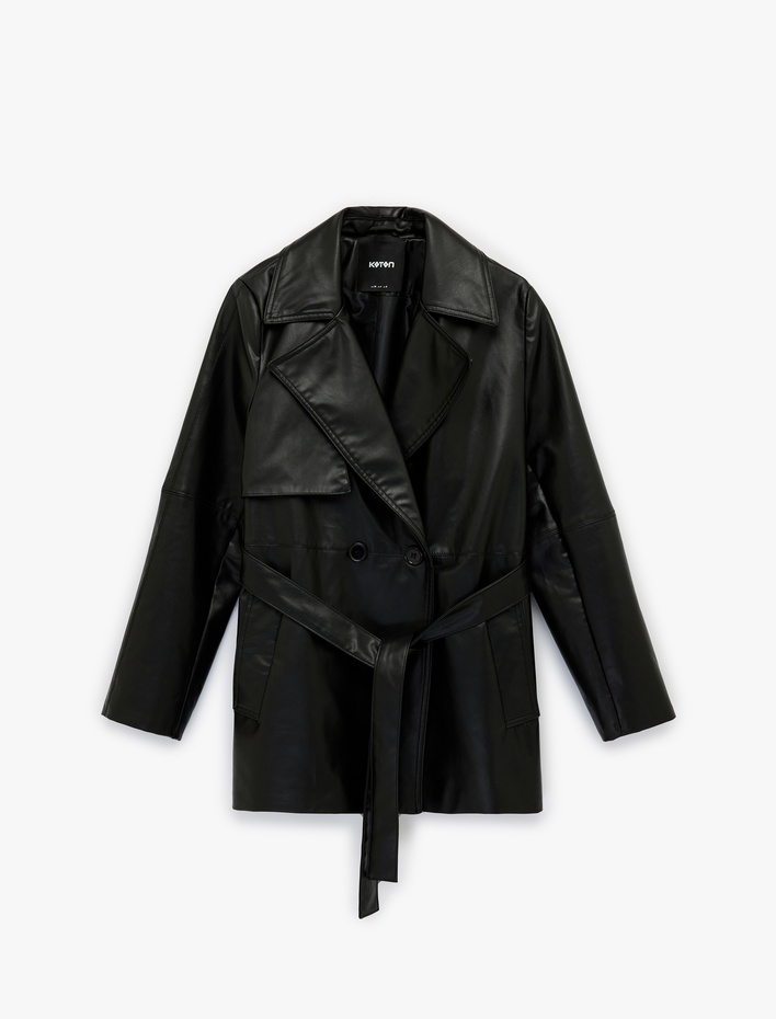  Cepli Kemer Detaylı Uzun Kollu Suni Deri Trençkot