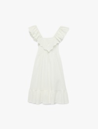 Kare Yaka Kolsuz Katmanlı Pileli Midi Elbise