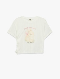 Bisiklet Yaka Kısa Kollu Büzgü Detaylı Tavşan Baskılı Crop Tişört