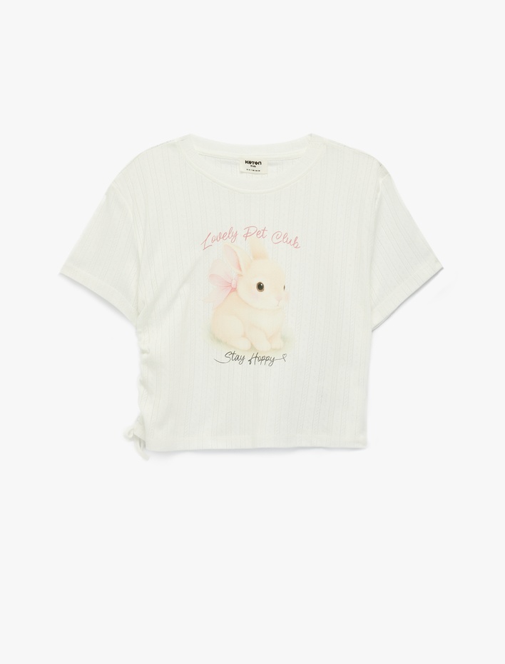 Kız Çocuk Bisiklet Yaka Kısa Kollu Büzgü Detaylı Tavşan Baskılı Crop Tişört