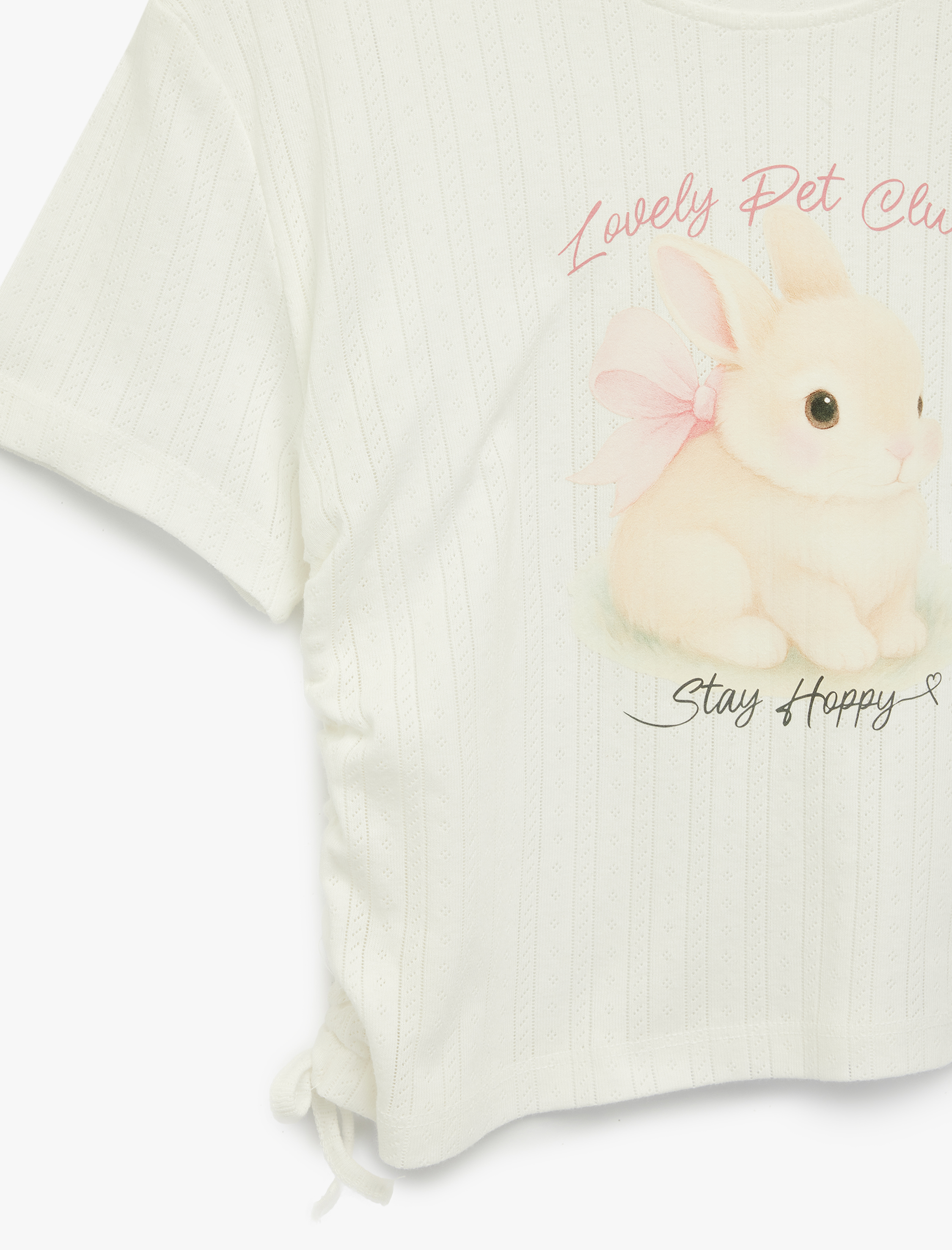  Kız Çocuk Bisiklet Yaka Kısa Kollu Büzgü Detaylı Tavşan Baskılı Crop Tişört