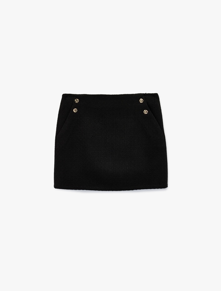  Aksesuar Düğme Detaylı A Kesim Cepli Mini Tüvit Etek