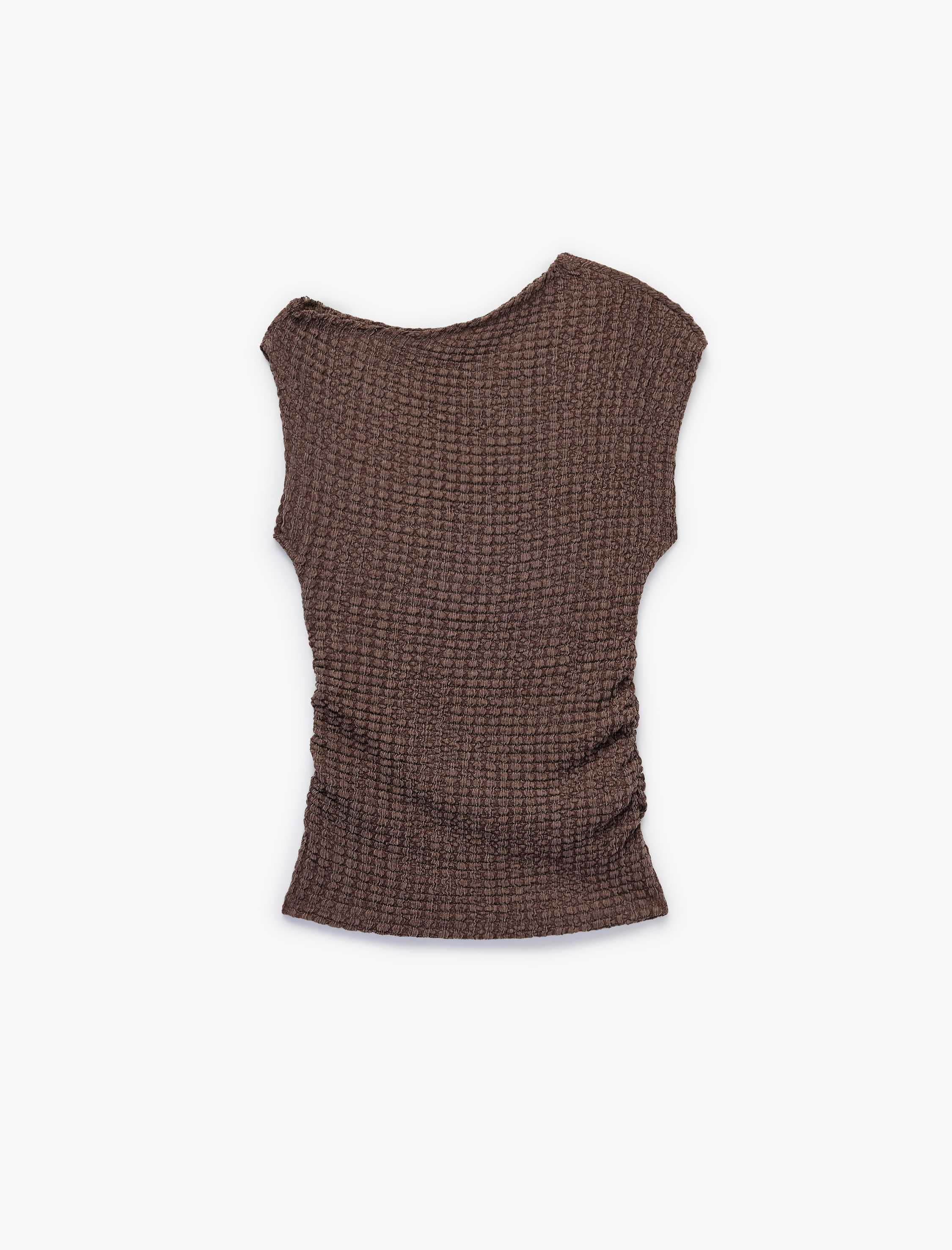  Kız Çocuk Asimetrik Yaka Kolsuz Viskon Karışımlı Dokulu Crop Bluz