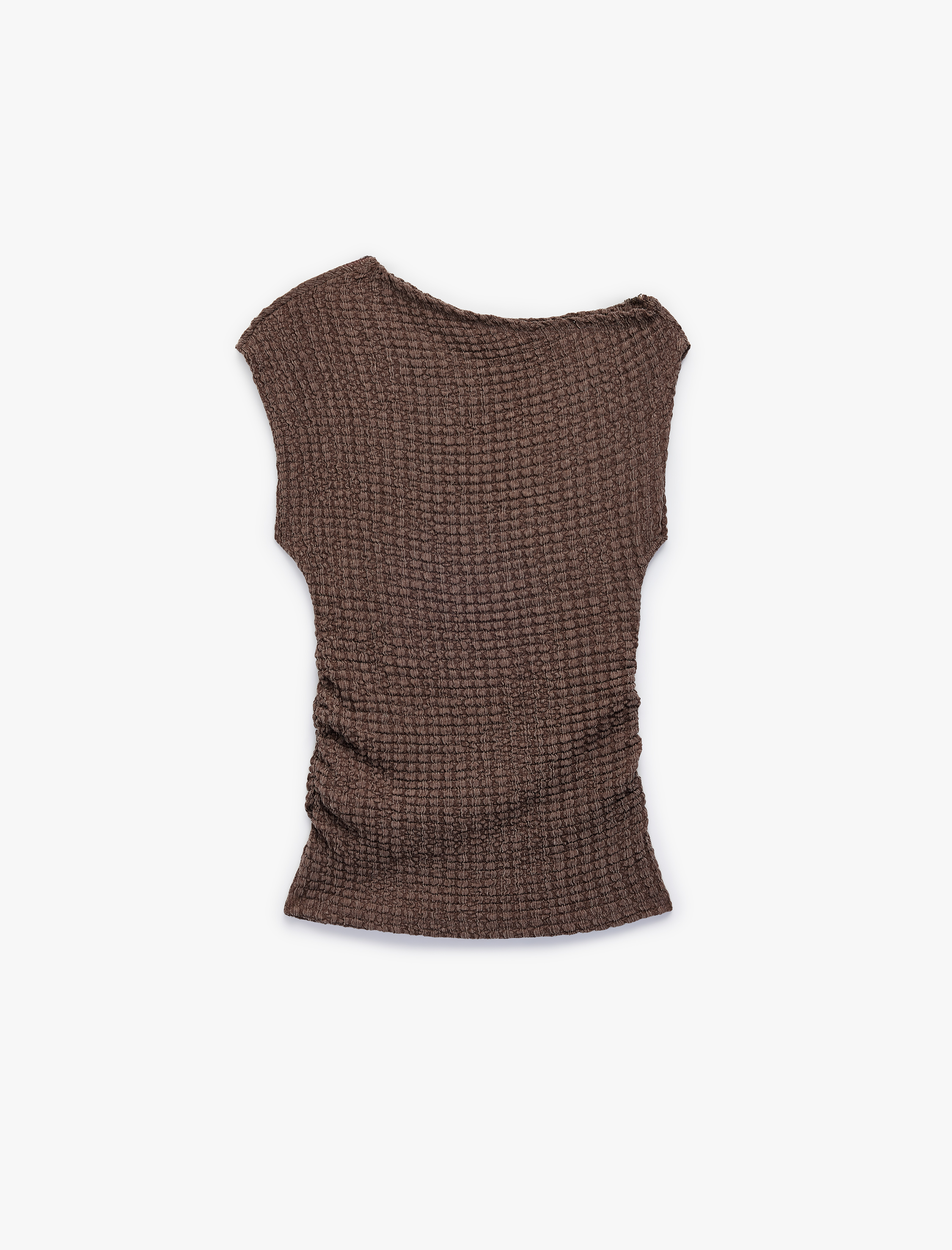  Kız Çocuk Asimetrik Yaka Kolsuz Viskon Karışımlı Dokulu Crop Bluz