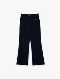 Aplike Cep Detaylı Yüksek Bel Geniş Paça Pantolon