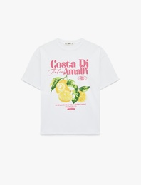 Rahat Kalıp Kısa Kollu Bisiklet Yaka Pamuklu Limon Baskılı Tişört