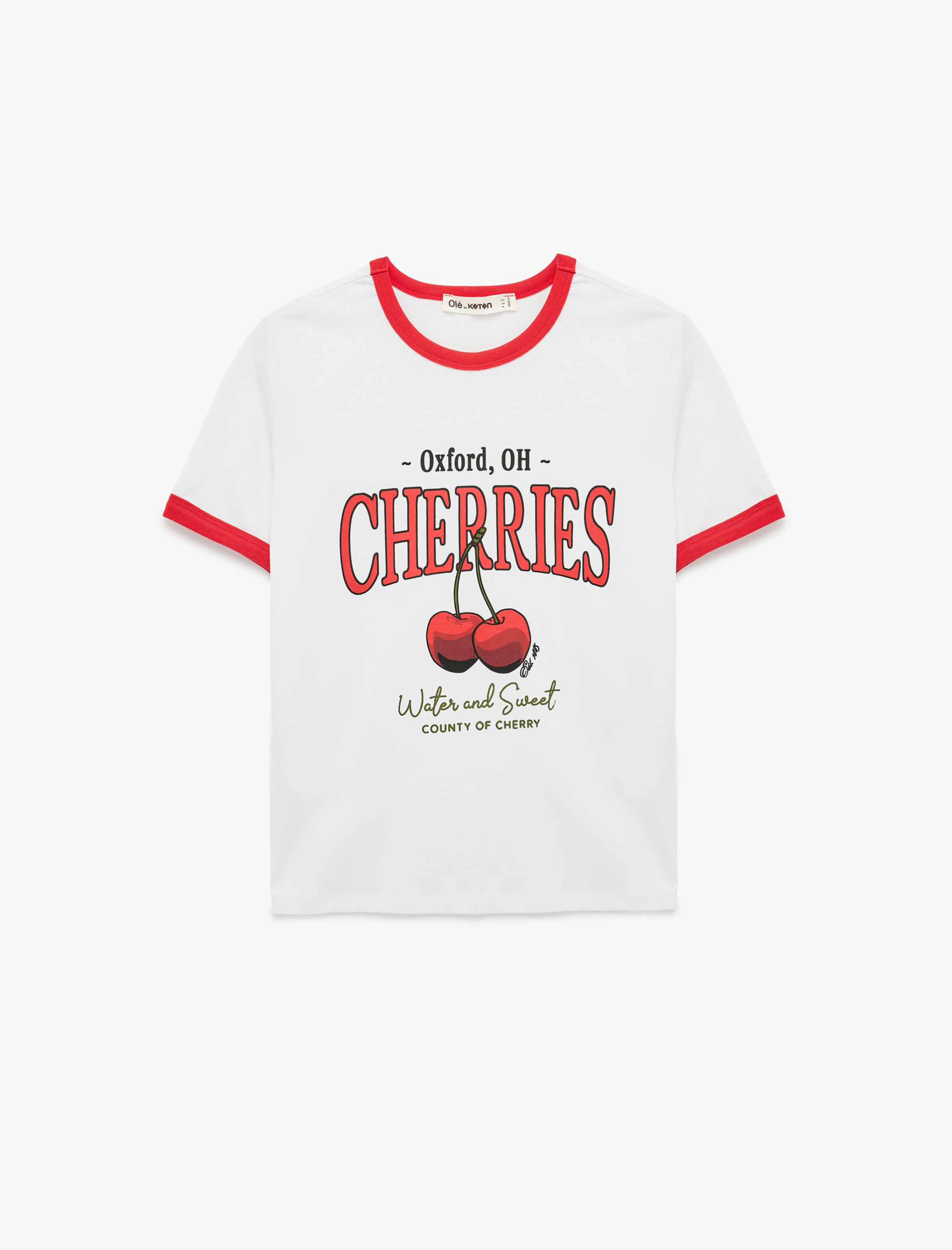   Kısa Kollu Bisiklet Yaka Kiraz Baskılı Pamuklu Tişört