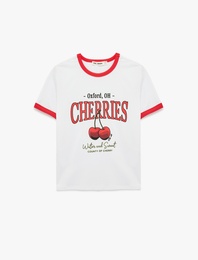 Kısa Kollu Bisiklet Yaka Kiraz Baskılı Pamuklu Tişört