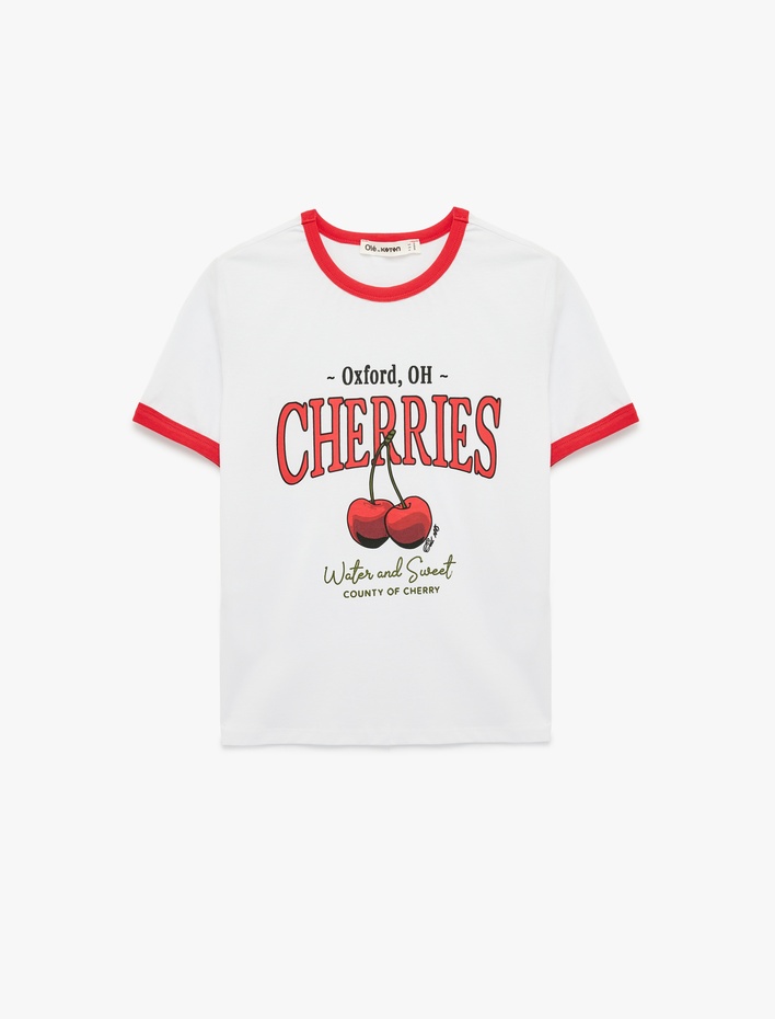  Kısa Kollu Bisiklet Yaka Kiraz Baskılı Pamuklu Tişört