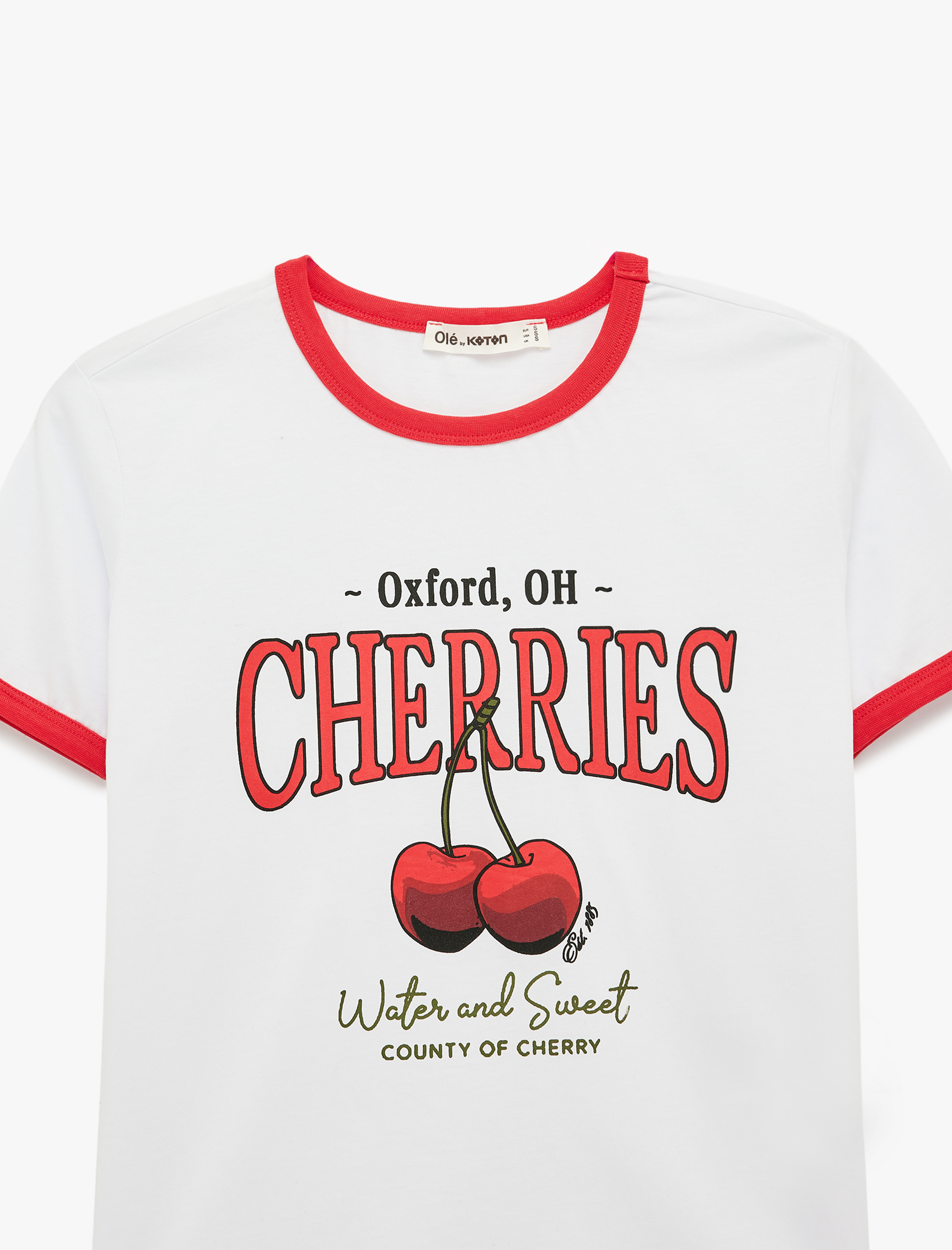   Kısa Kollu Bisiklet Yaka Kiraz Baskılı Pamuklu Tişört