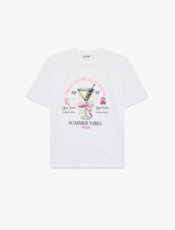 Rahat Kalıp Kısa Kollu Bisiklet Yaka Baskılı Tişört